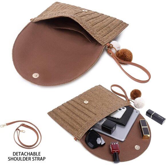 🆕Women Dark Brown Straw Clutch Purse Woven Crossbody Beach Shoulder Bag - Picture 2 of 6